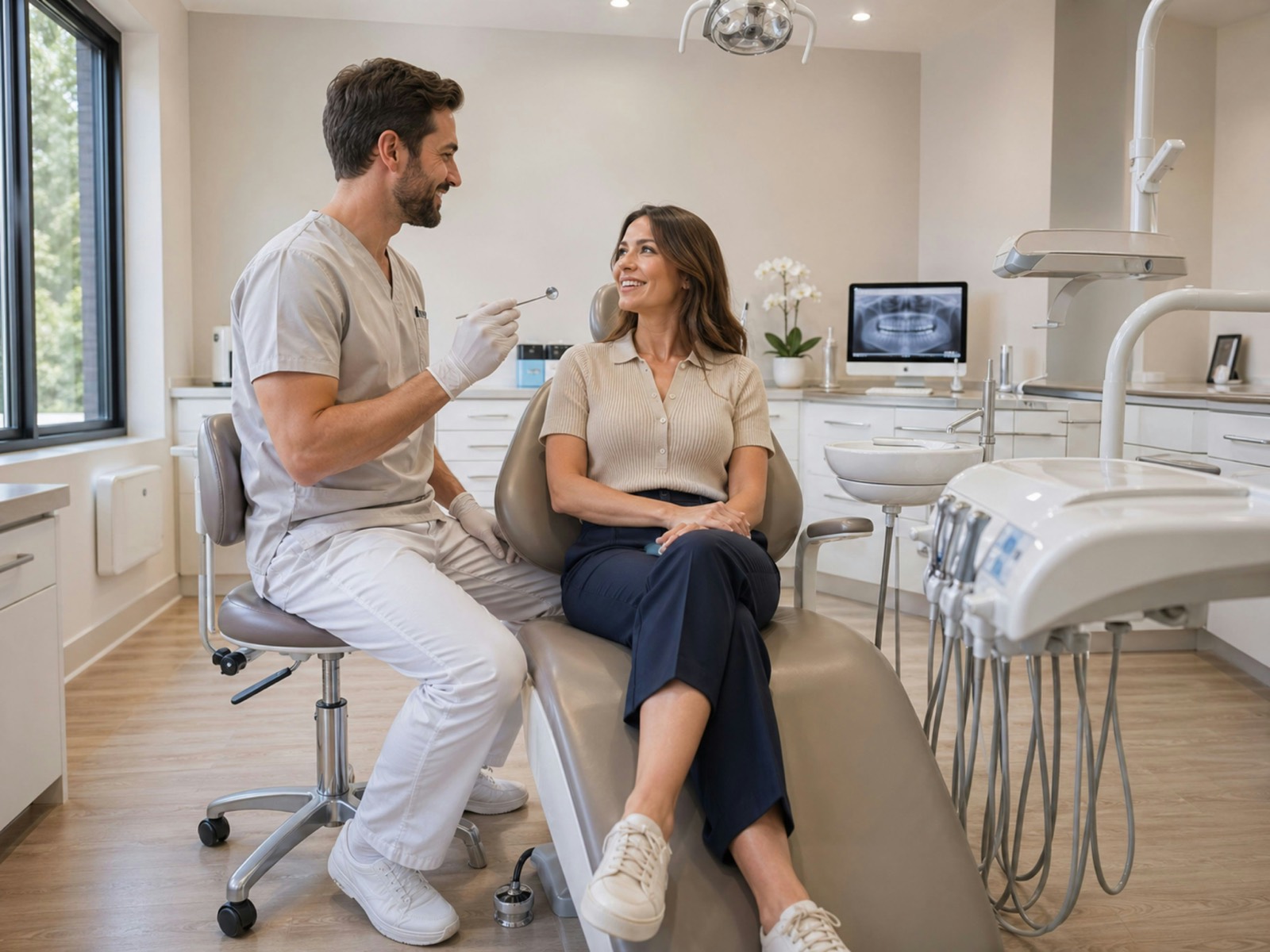 Dentist talking with a relaxed patient in a modern treatment room